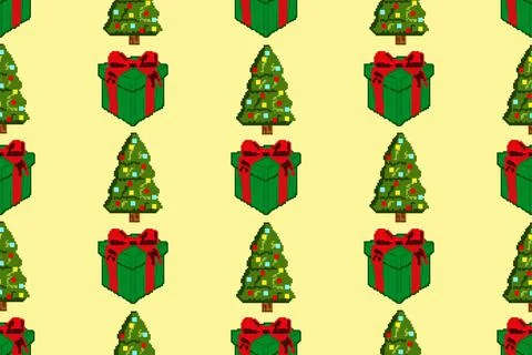 Colorful background of Christmas pattern made with Pixel Art. Stock Illustration