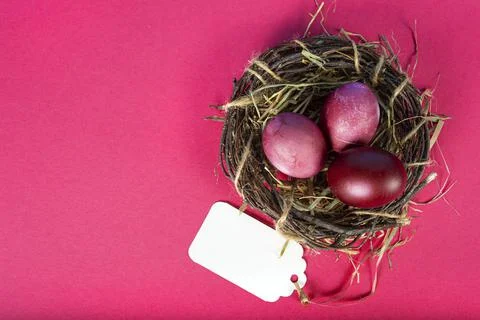 Colorful background with Easter eggs on pink background. Happy Easter concept Stock Photos