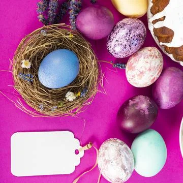 Colorful background with Easter eggs on pink background. Happy Easter concept Stock Photos