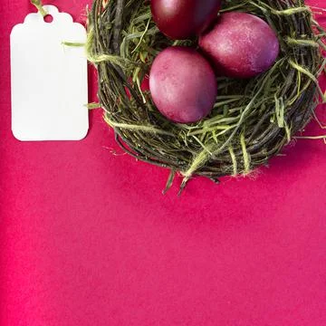 Colorful background with Easter eggs on pink background. Happy Easter concept Stock Photos
