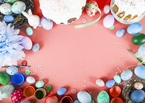 Colorful background with Easter eggs on red background. Happy Easter concept. Stock Photos