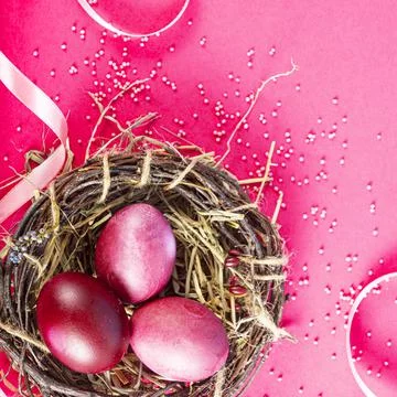 Colorful background with Easter eggs on red- background. Happy Easter concept Stock Photos