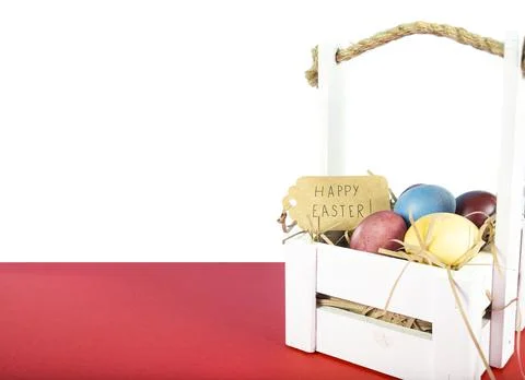 Colorful background with Easter eggs on red and white background. Happy Eas.. Stock Photos
