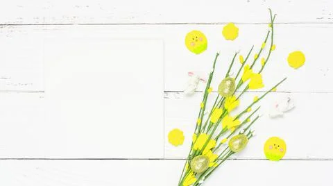 Colorful background with Easter eggs on white wooden board background. Stock Photos