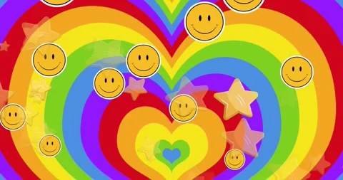 Colorful background features smiley faces and stars on a rainbow pattern Stock Footage 327277984