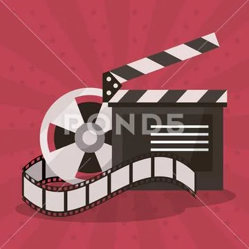Colorful background with film reel and clapperboard Illustration #86815204
