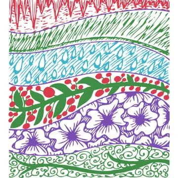 Colorful background with floral hand drawn patterns, sun, grassy, fain drops Stock Illustration