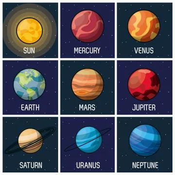 Colorful background of frames with sun and planets of solar system Stock Illustration