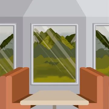 Colorful background interior train with a passenger compartment and landscape Stock Illustration