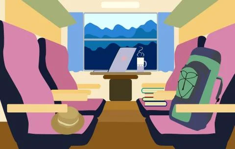 Colorful background interior train with a passenger compartment and landscape Stock Illustration