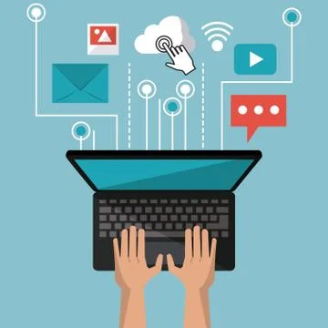 Colorful background of laptop computer in top view and link apps icons Illustrazione stock