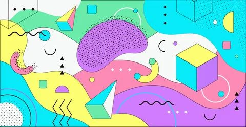 Colorful Background with Memphis Design Elements. Form Geometric Line Shapes. Illustrazione stock