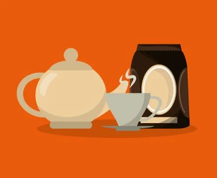 Colorful background set packaking of coffee and teapot with porcelain mug 스톡 일러스트