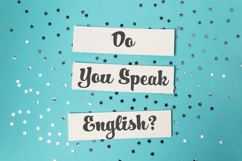 Colorful background with text asking if you speak English, emphasizing learning Stock Photos