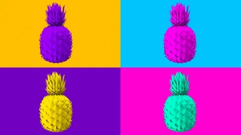 Colorful background which 4 multi-colored pineapples are spinning. zine Stock Footage 105454752