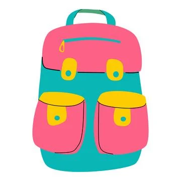 Colorful backpack with multiple pockets isolated on white background Illustrazione stock
