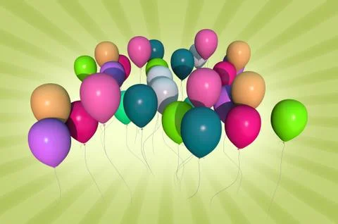 Colorful balloons 3d generated on light green background with rays coming fro Illustrazione stock