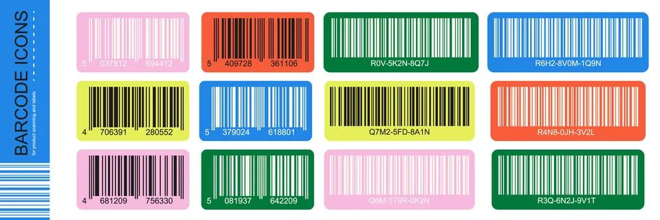 Colorful bar code icon set with rounded rectangle labels. Multicolor barcod.. 스톡 일러스트