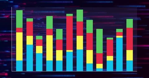 Colorful bar graph image over fast-moving digital data lines in blue and red Stock Photos