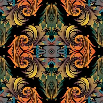 Colorful baroque seamless pattern. Floral vector black background. Vintage wa イラスト素材