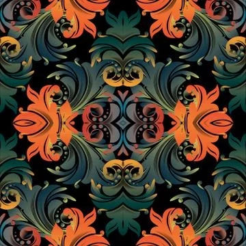 Colorful baroque seamless pattern. Floral vector black background. Vintage wa Illustrazione stock