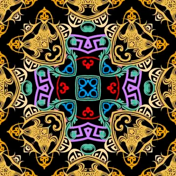 Colorful Baroque vector seamless pattern. Greek key meanders ornament. Abstract 스톡 일러스트