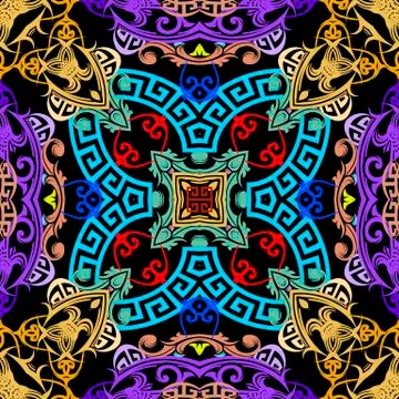 Colorful Baroque vector seamless pattern. Greek key meanders ornament. Abstract Stock Illustration