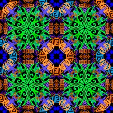 Colorful Baroque vector seamless pattern. Greek key meanders ornament. Abstract Stock Illustration