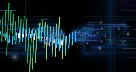 Colorful bars emerging left rising forming waveform bridging gap, neon grid Stock Footage 328656903