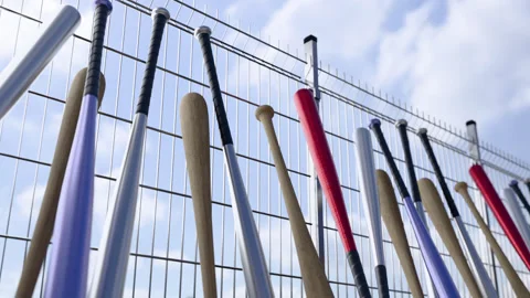 Colorful baseball bats lined up on the baseball field fence Stockbeeldmateriaal 314012732