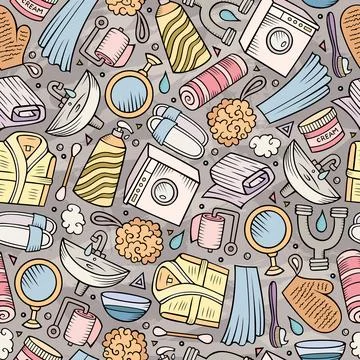 Colorful Bathroom Doodle Seamless Pattern with Toiletries イラスト素材