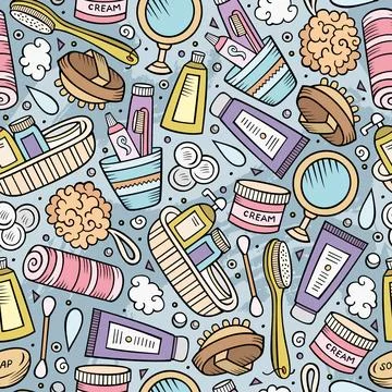 Colorful Bathroom Doodle Seamless Pattern with Cosmetics イラスト素材