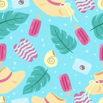 Colorful beach accessories seamless pattern. Summer vacation background. Stock Illustration