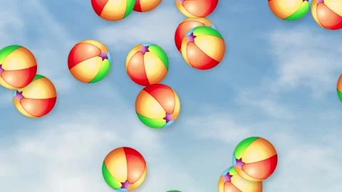 Colorful Beach Balls Falling Through a Cloudy Blue Sky Stock Footage 339378939