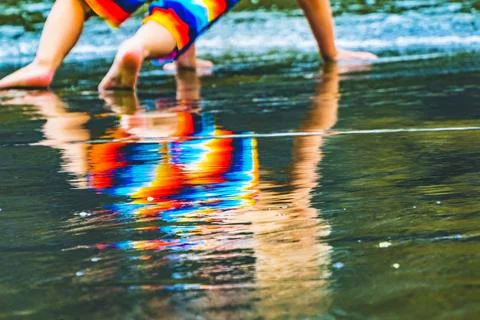 Colorful Beach Boy Reflection Abstract Canon Beach Oregon Stock Photos
