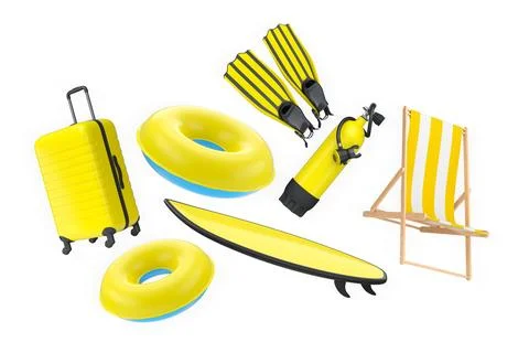 Colorful beach vacation objects including suitcase, fins, inflatable rings,.. 스톡 일러스트