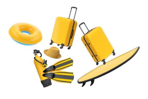 Colorful beach vacation objects including suitcase, fins, inflatable rings,.. イラスト素材