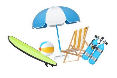 Colorful beach vacation objects including suitcase, fins, inflatable rings, s Stock Illustration