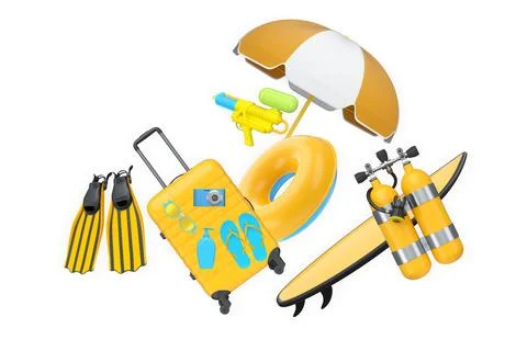 Colorful beach vacation objects including suitcase, fins, inflatable rings,.. イラスト素材