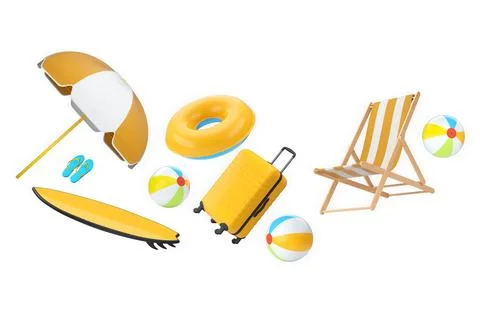 Colorful beach vacation objects including suitcase, fins, inflatable rings, s Stock Illustration