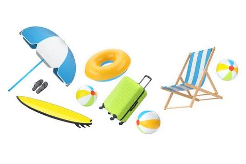 Colorful beach vacation objects including suitcase, fins, inflatable rings, s Stock Illustration