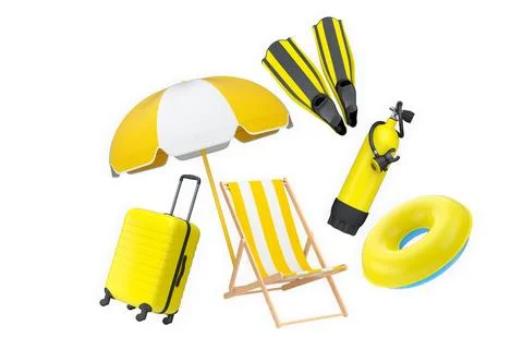 Colorful beach vacation objects including suitcase, fins, inflatable rings Stock Illustration