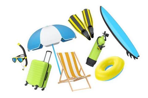 Colorful beach vacation objects including suitcase, fins, inflatable rings イラスト素材