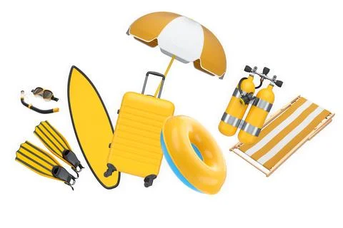 Colorful beach vacation objects including suitcase, fins, inflatable rings,.. イラスト素材
