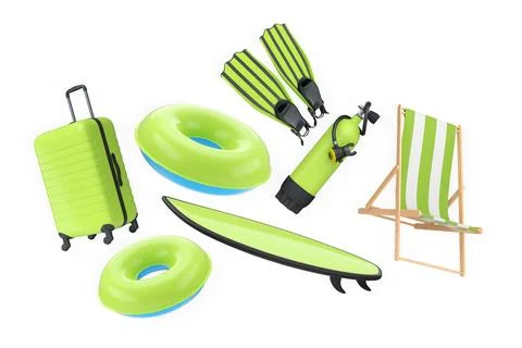 Colorful beach vacation objects including suitcase, fins, inflatable rings Illustrazione stock