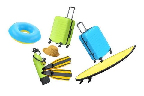 Colorful beach vacation objects including suitcase, fins, inflatable rings イラスト素材