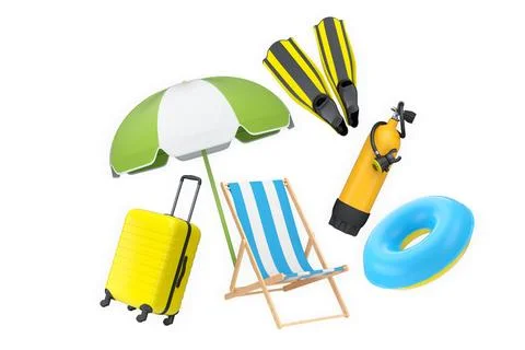Colorful beach vacation objects including suitcase, fins, inflatable rings,.. Stock Illustration