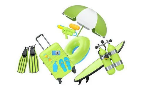 Colorful beach vacation objects including suitcase, fins, inflatable rings Stock-Illustration
