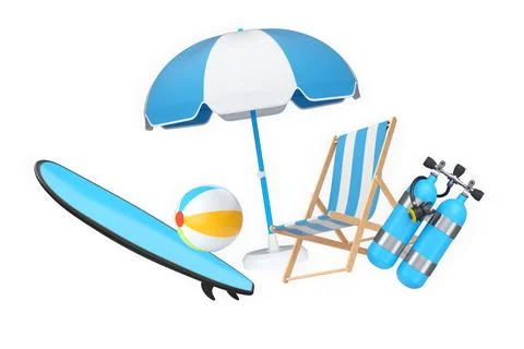 Colorful beach vacation objects including suitcase, fins, inflatable rings,.. Stock Illustration