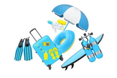 Colorful beach vacation objects including suitcase, fins, inflatable rings,.. Stock Illustration